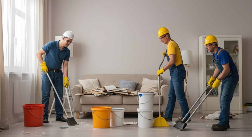 Obreros limpiando la casa después de las obras